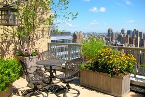 A private garden terrace overlooking the skyline of New York City